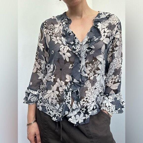 Vintage Y2K 100% Silk Ruffle Boho Floral Shirt Semi Sheer Blouse Size L - Picture 4 of 10